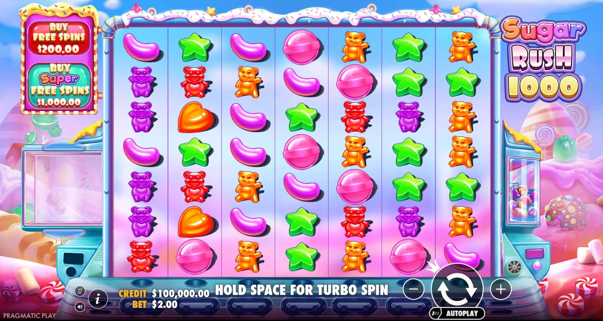 Sugar Rush 1000 — базовая игра, поле 7×7 с конфетами